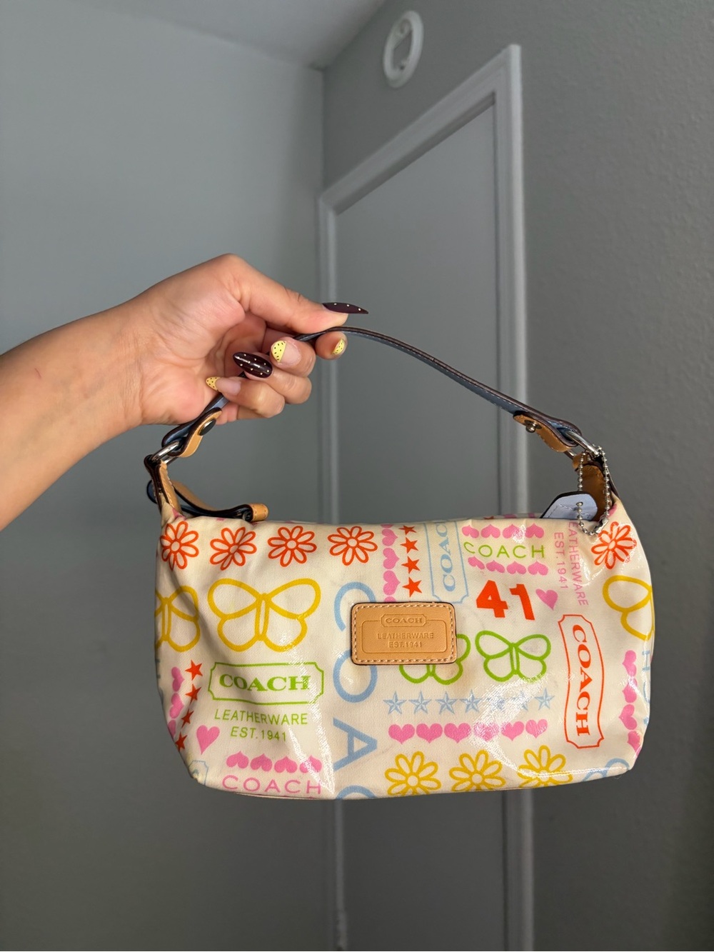 Coach Cream Multicolor Printed Mini Baguette Shoulder Bag